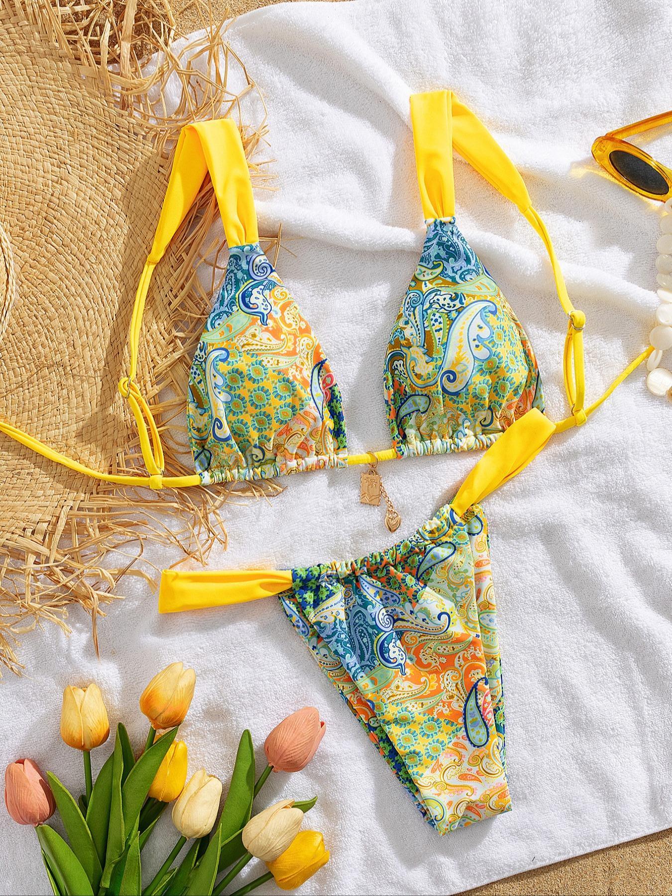 Women's Patchwork Print Bikini Set, Casual Adjustable Strap Tie Back Swim Top & Swim Bottom, Women's Swimsuit for Summer Beach Holiday Vacation, Patchwork Bikini Sets