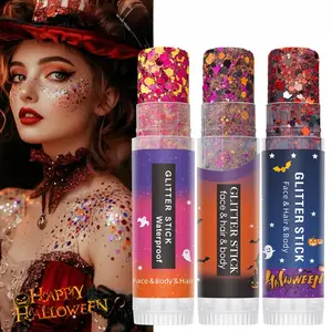 Halloween Glitter Stick Waterproof Shimmer Sequins Gel, Pumpkin Ghost Spider Design Portable Twist-up Cosmetic Glitter Multi-use Shimmer Glitter for Face Hair Body Witch Costume Party Halloween Cosplay Festival Party Makeup