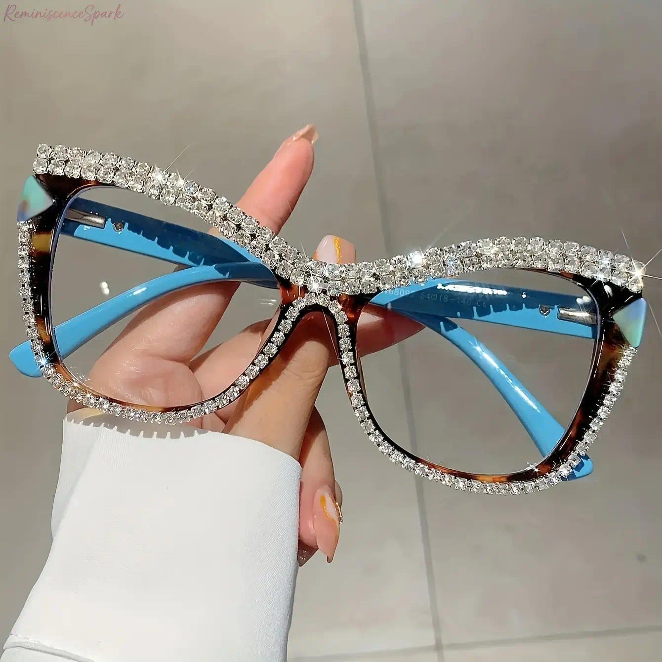 2-Pack Women's Rhinestone Cat Eye Clear Lens Glasses, Lightweight Metal Hinges Non-Prescription Eyewear, Glam Decorative Shades Perfect for Daily Wear, Parties & Festivals