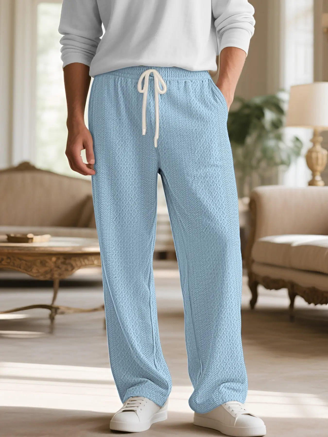 Men's casual textured check knitted trousers, with diamond-shaped jacquard waffle knit fabric, adjustable drawstring waistband, loose wide-leg straight silhouette, suitable for home relaxation, urban streetwear, short trips and vacation outfits.