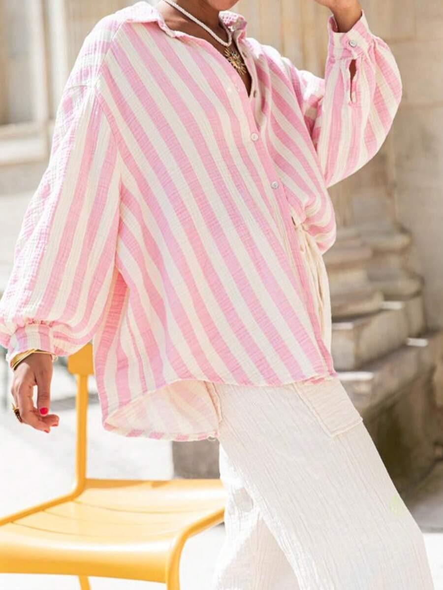 2026 European and American autumn and winter new long-sleeved button-up cardigan women's striped shirt women's vintage striped