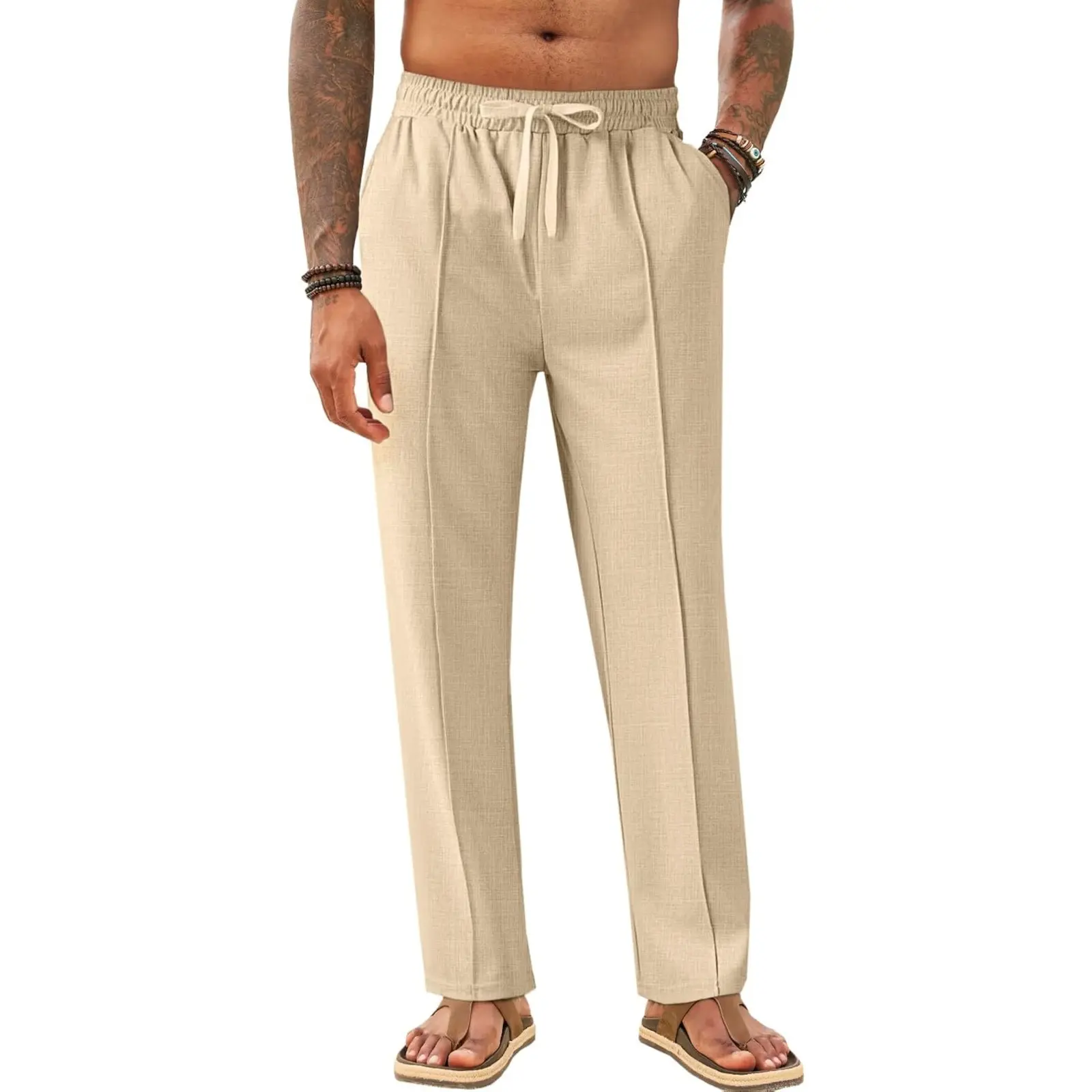 Aoysky Mens Casual Pants Elastic Waist Drawstring Lightweight Summer Loose Beach Straight Leg Pants with Pockets