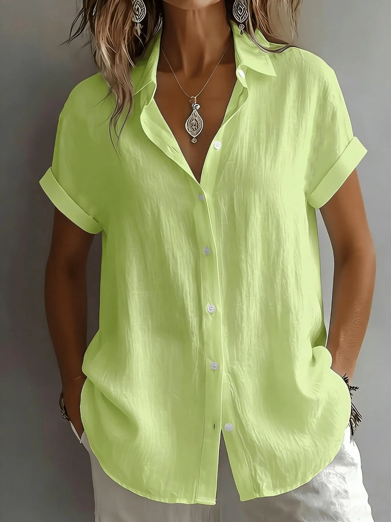 Women's Elegant Collar Solid Color Simple Commute Short Sleeve Shirt, Casual Loose Fit Button Down Office Wear, Summer Comfortable Top