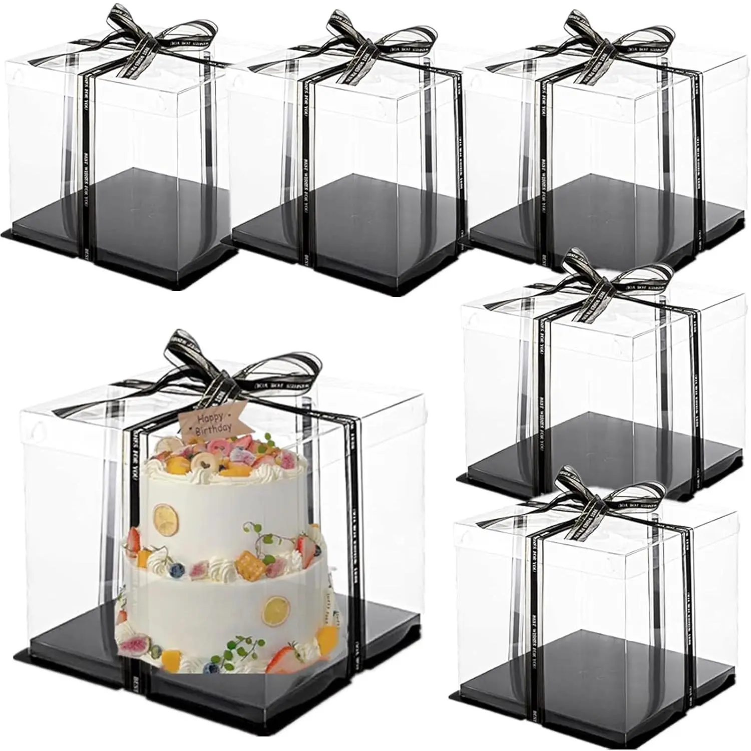 6 Pack Clear Cake Box with Ribbon, Tall Cake Carrier for 2-Layer Cake Holder, 10x10x9 inches Transparent  Boxes for Pastries with Lid and Black Board, Display Wedding  Packaging