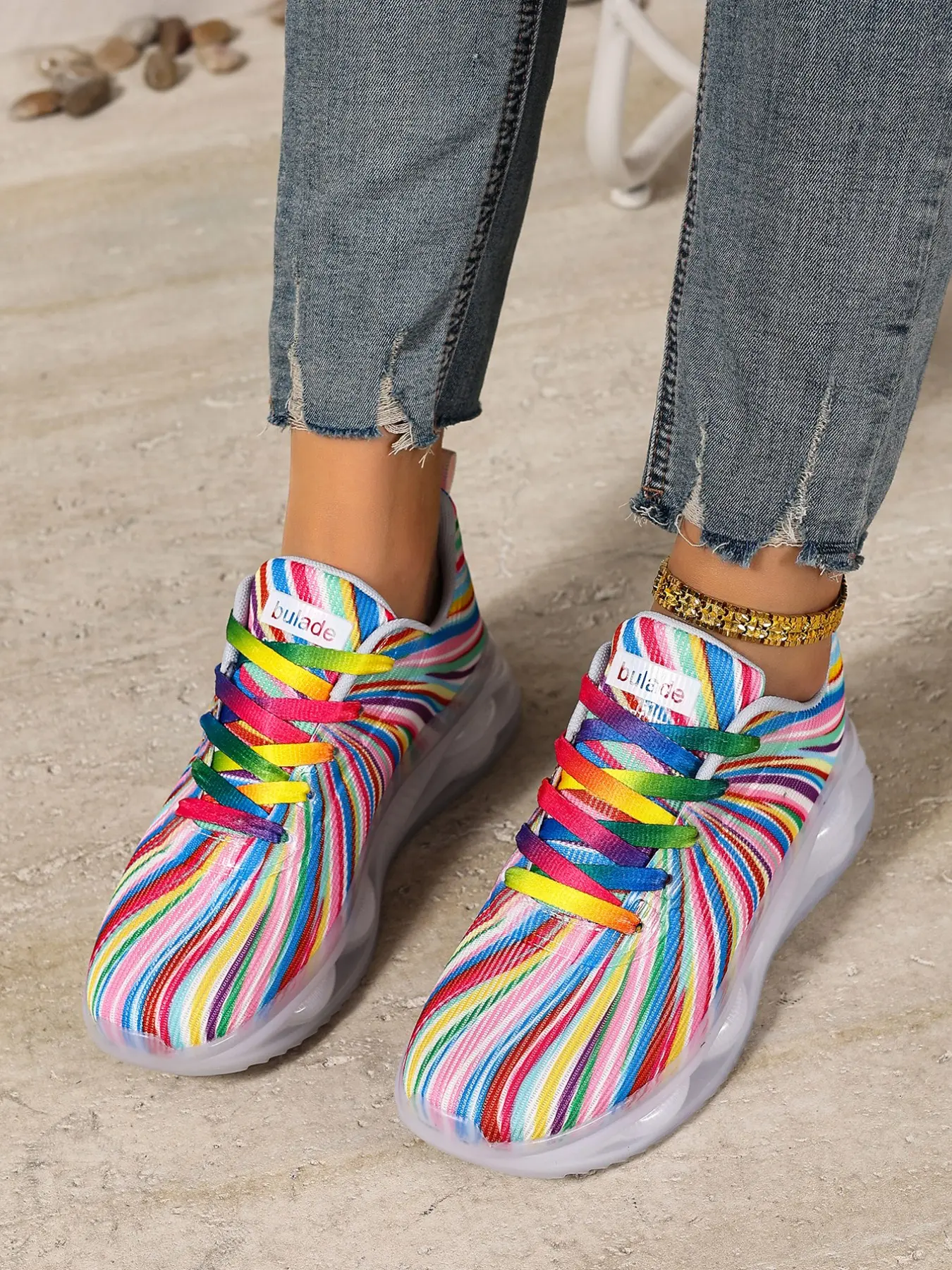 Women's Rainbow Gradient Lace-Up Sneakers Sports Shoes Comfortable Flat Shoes for Daily Wear
