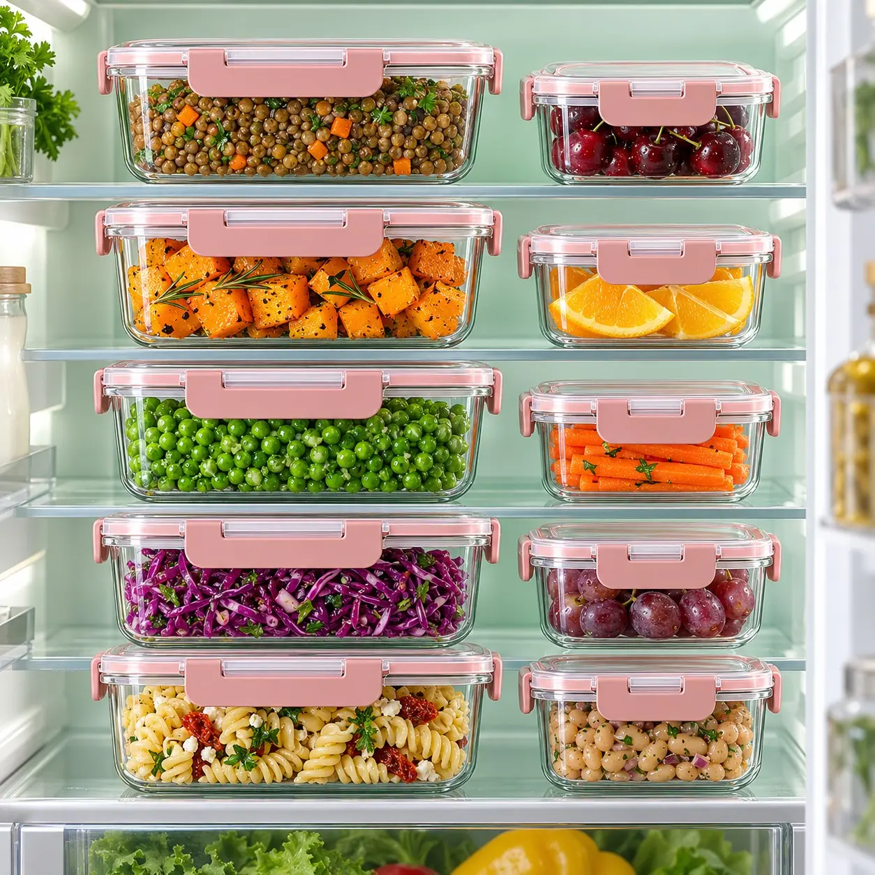 10-Pack Glass Food Storage Containers with Pink Snap-Lock Lids, 5 Large & 5 Small Containers for Meal Prep, Leftovers and Fridge Organization