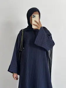 New Muslim Women's Striped Loose Fit Split Leg Flared Sleeve Commuter Simple Large Size Conceal Fat Abaya Dress with Pockets