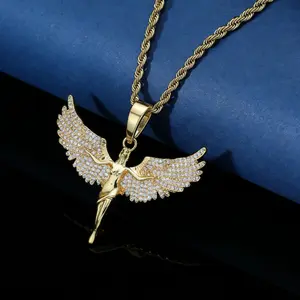 Trendy Hip-Hop Style Braided Chain Necklace with Copper and Cubic Zirconia, Full Diamond-Encrusted Luxury Fashion Accessory, Angel Wings Pendant, Unique Statement Jewelry celestial