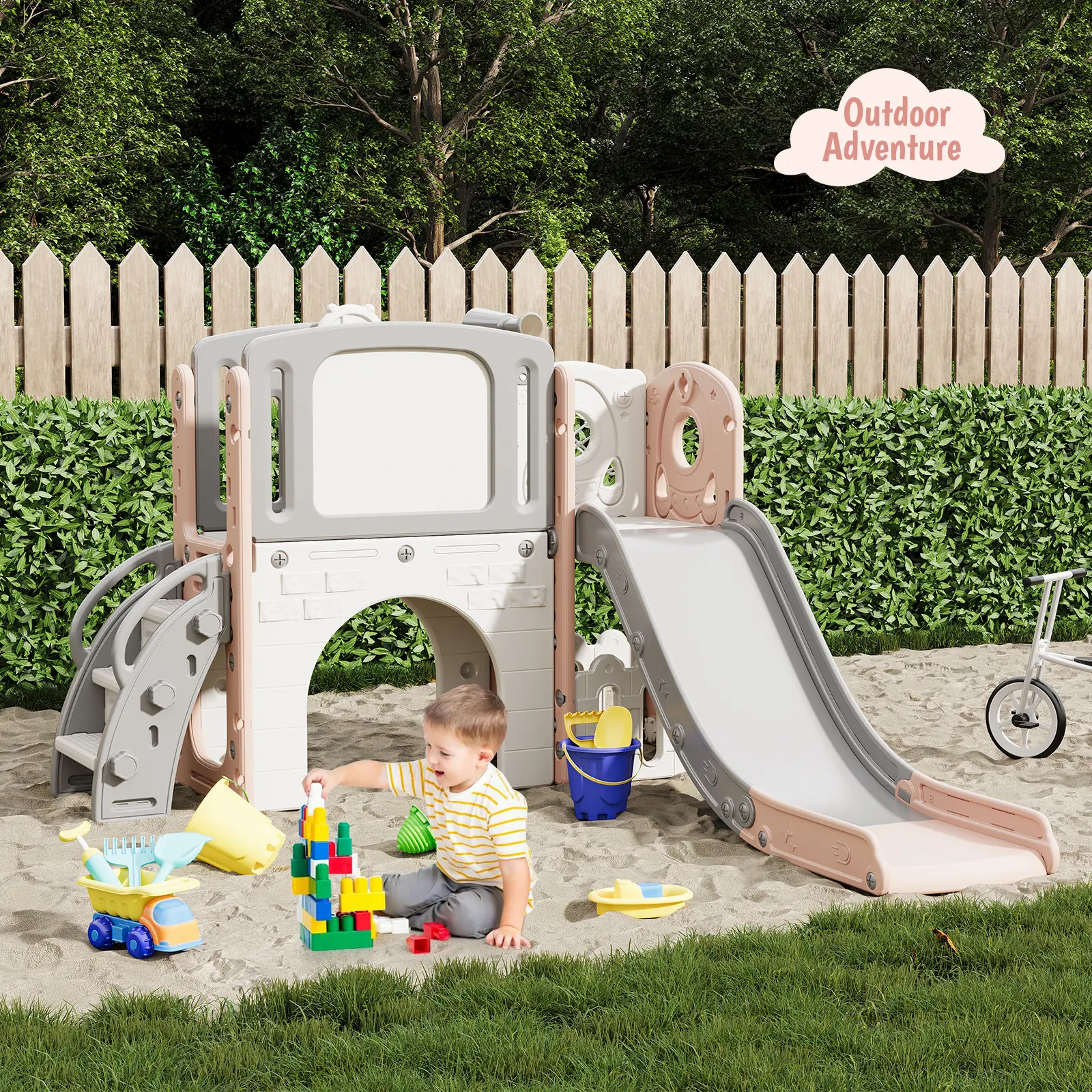 8-in-1 Toddler Slide & Indoor/Outdoor Playground with Climber, Tunnel, Hoop, Telescope & Storage Playset