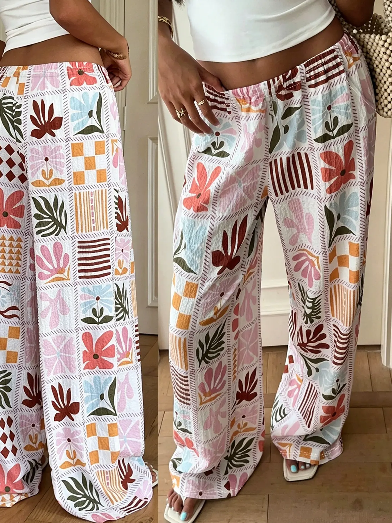 Women's Plant Flower Print Sweatpants, Beach Style, Vacation Bottoms, Party Wear, Lazy Fit, Elastic Waist, Long/l Regular Length