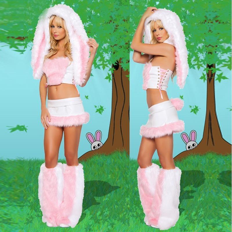 Woman Sexy Animals Costume Bunny White Leopard Fox Roleplay Outfit Hooded Dress with Tail Carnival Halloween Cosplay Party
