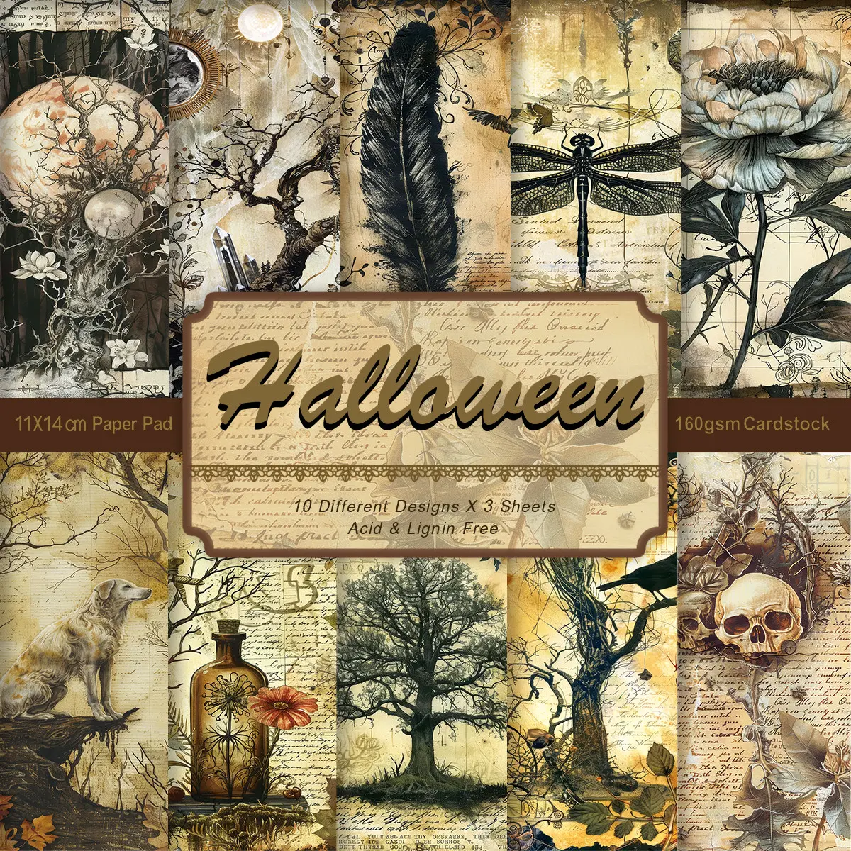 30pcs Vintage Halloween Scrapbook Paper - Gothic Art Pattern Craft Paper for DIY Albums, Journals, Card Making, Origami, Party Decorations and Spooky Crafts, Halloween Decorations, Scrapbooking Supplies, Scrapbook Accessories