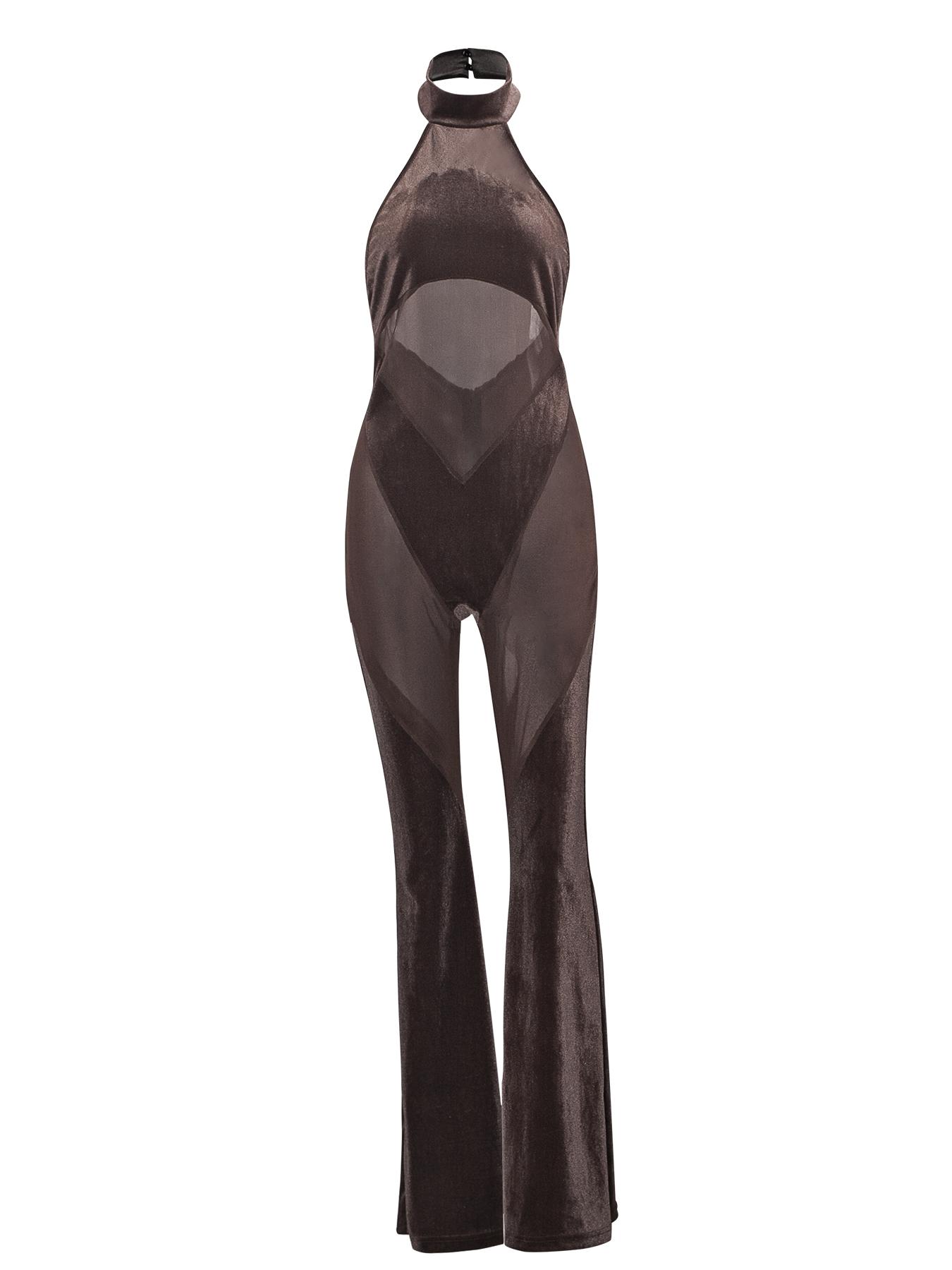 Women's Sheer Tulle Flare-Leg Sleeveless Halter-Neck Jumpsuit, Solid Drop-Waist Slim-Fit Jumpsuit for Summer, Party and Club