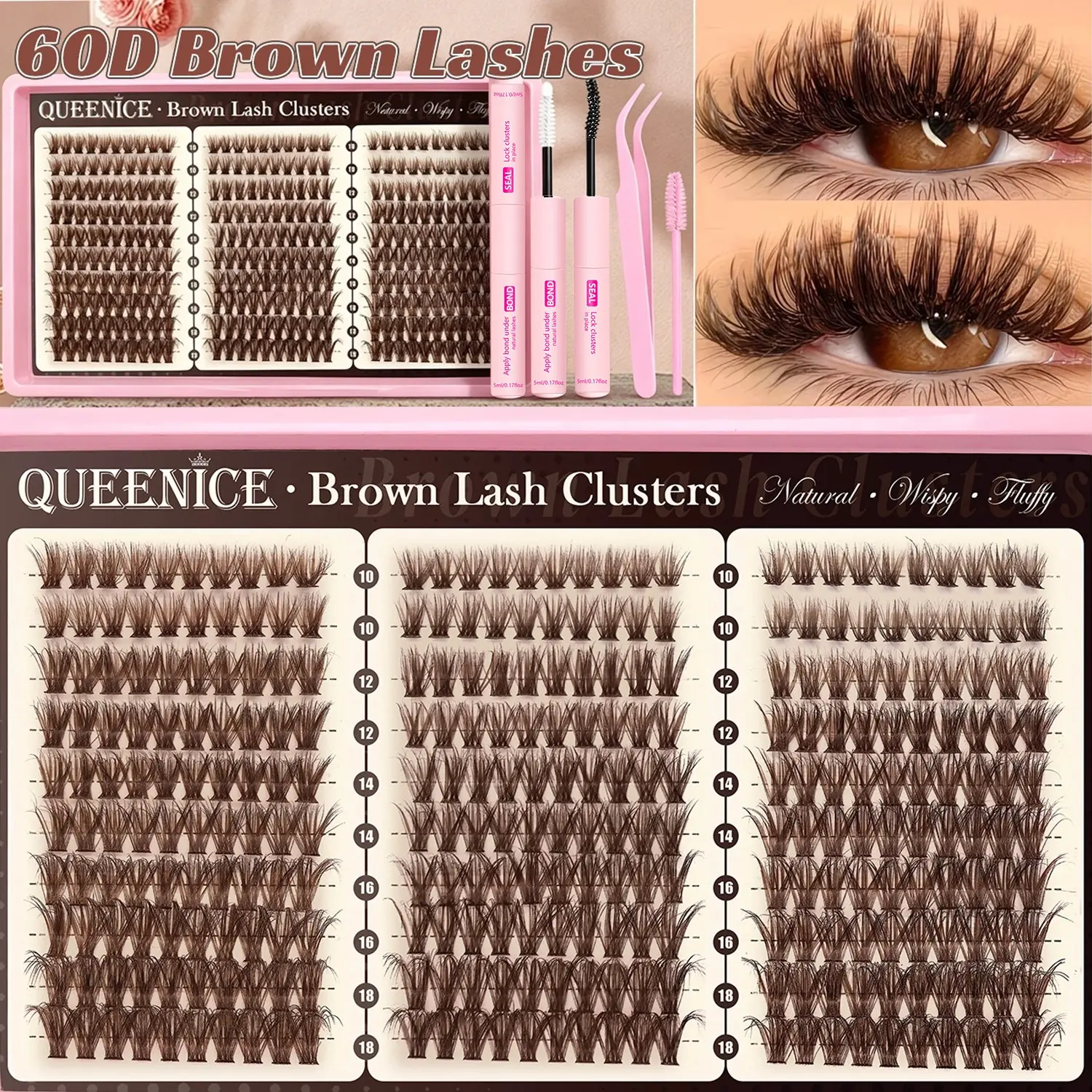 Brown Lash Clusters Kit Natural 300Pcs Wispy Lashes Cluster Eyelash Cluster Extensions Kit C Curve Individual Lashes Extensions Kit For DIY Waterproof & Long - Lasting (Light Brown10-16mm)