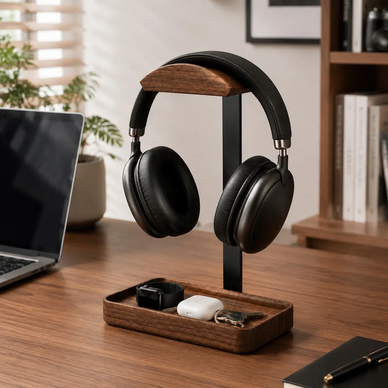 Solid Walnut Wood Headphone Holder Stand, Desktop Gaming Headset Display Rack for Desk Organization Decor