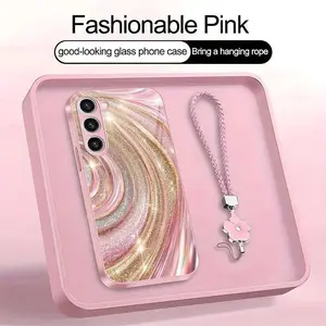 Compatible with S23+ , Glitter Pink Phone Case Featuring Rose Gold Swirl Pattern and Flower Lanyard HNL0081