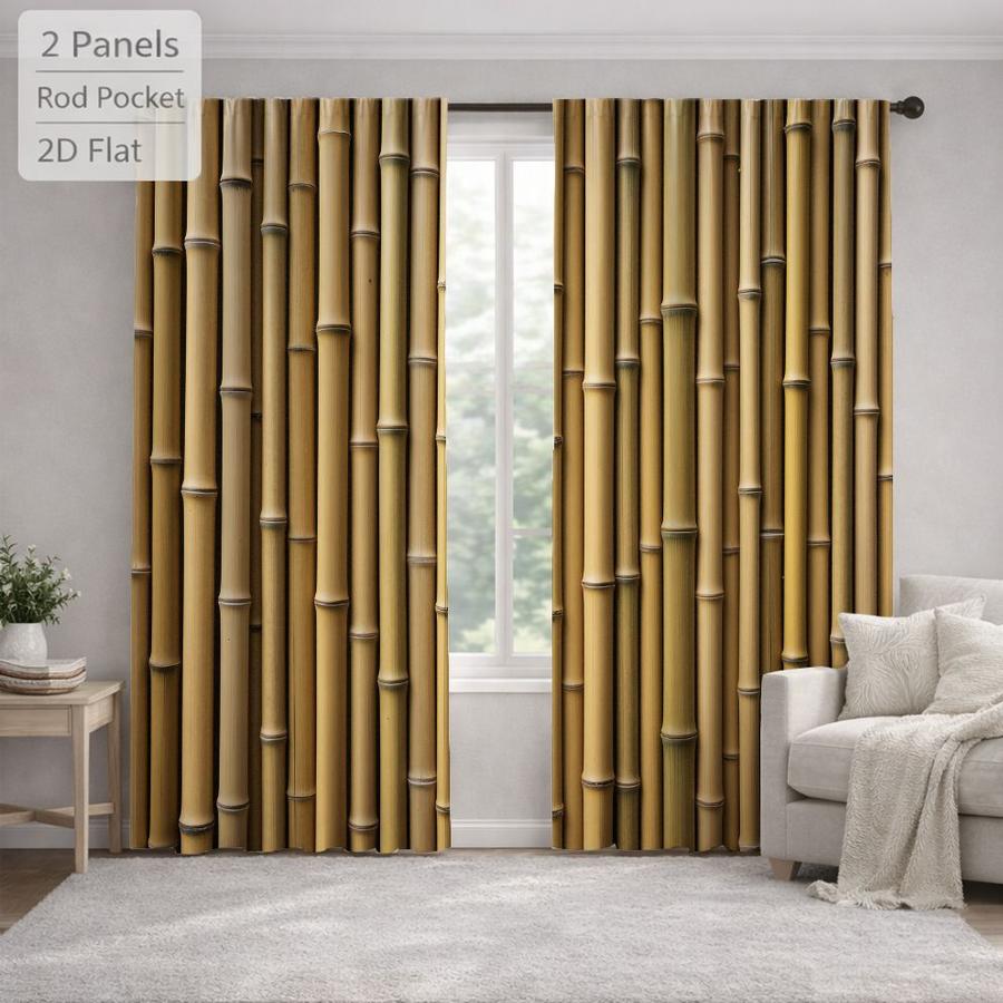 2Pcs Natural Style Bamboo Pattern Sun Blocking Curtains Digital Printed Rod Pocket, Window Treatment For Bedroom Office Kitchen Living Room Study Home Decor