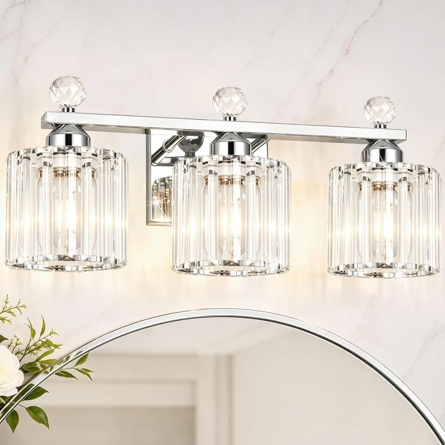 Modern Crystal Bathroom Vanity Light, 3-Lights Bathroom Light Fixtures, 19.34In Chrome Vanity Light Fixtures Over Mirror, Easy Installation & Dimmable Lighting