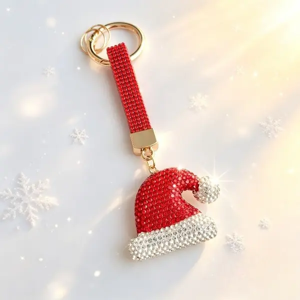 Christmas hat, rhinestone keychain, sparkling crystal keyring, Christmas day bag pendant, Christmas gift for ladies and girls.