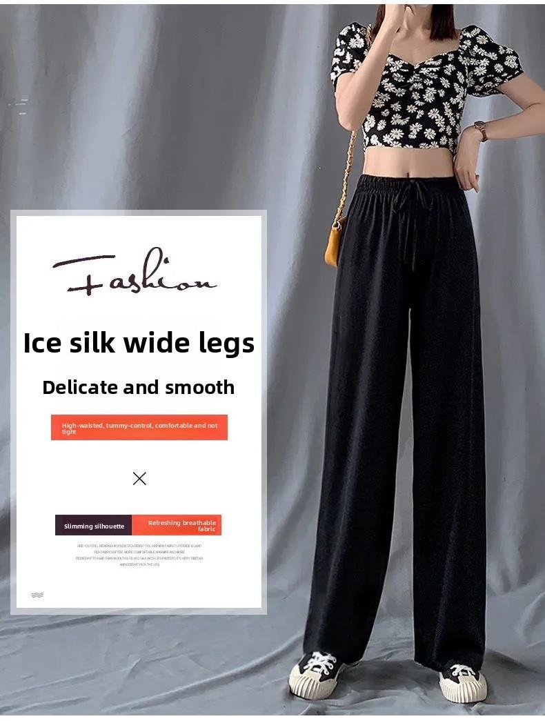 Women's Summer Ice Silk Wide Leg Pants High Waist Loose Fit Straight Leg Trousers Korean Style Breathable Casual Pants for Students 2026 New Arrival