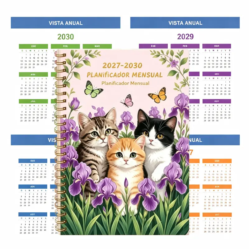 2027-2030 Monthly Planner in Spanish, A5 size, 124 pages of high-quality paper, gradient-colored inner pages, diary with a colorful cat and floral theme cover design