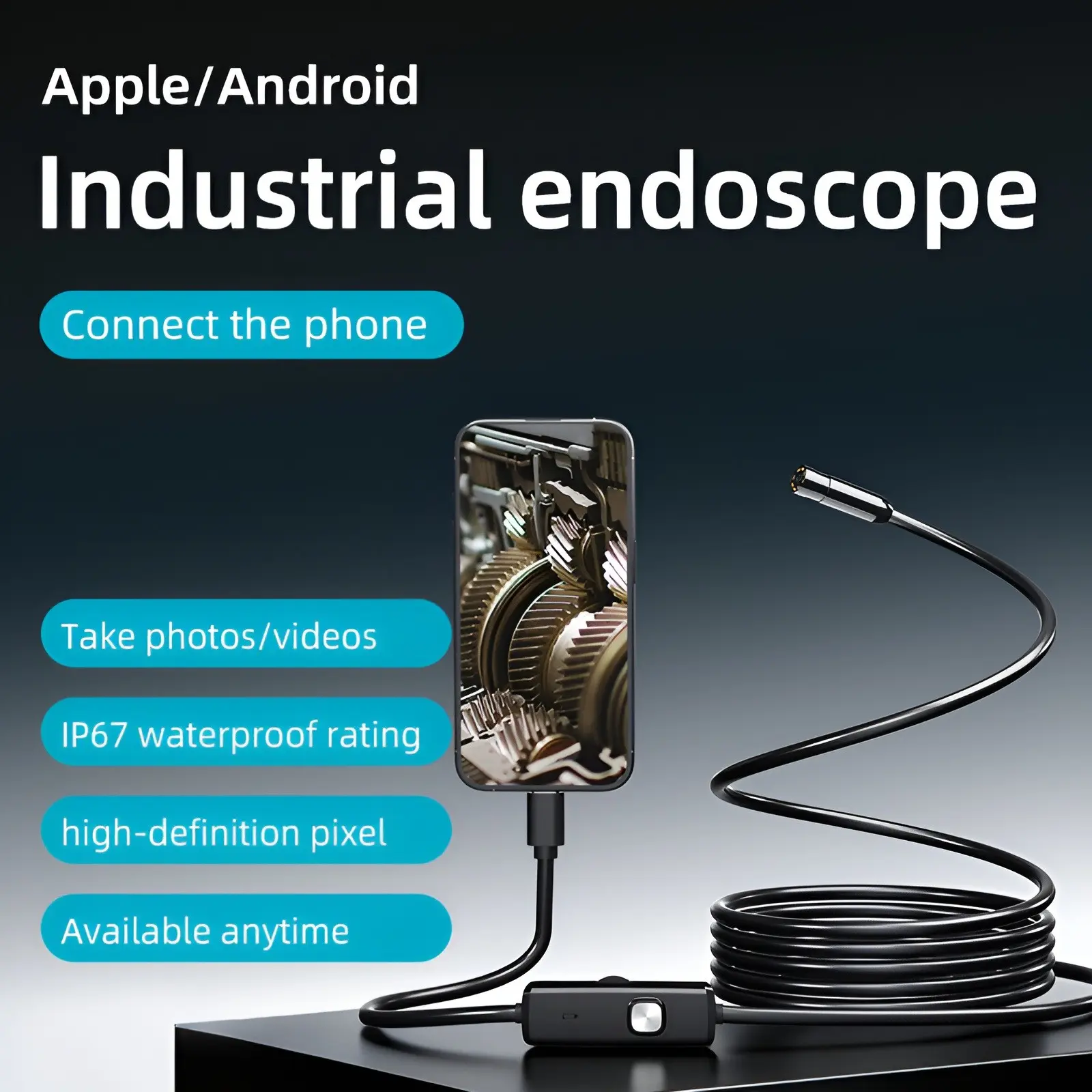 Endoscope Camera with 8 Adjustable LED Lights, Automotive Diagnostic Tool, Snake-Style Camera, Engine Inspection, Ip67 Waterproof, Compatible with iOS and Android