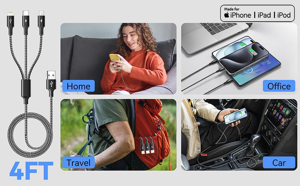 3 in 1 Multiple Charging Cable(2Pack 4Ft), Braided Multi Charger Cord USB C Charging Cable Universal USB Cable with Type C/Micro USB Port for Cell Phones, iPhone 17 16 15 14 13 Series, Tablets, More : Electronics