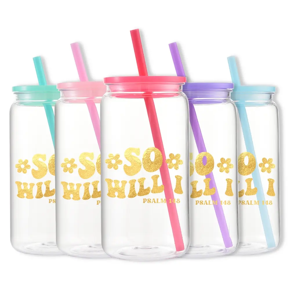 1pc/16oz/500ml/Plastic Mason Cup With Lids And Straw,Iced Coffee Cup,Mason Jar,Water Bottle,So Will I Psalm 148 Design,Perfect For Birthday Celebrations,Christmas Gifts,Father's Day Gifts,Mother's Day Gifts,Holiday Party Decorations