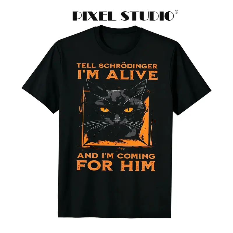 Quantum Mechanics Meme Print Casual Crew Neck Men's T-Shirt, Cat Pattern Men's Top, Gift for Quantum Enthusiasts, Fun T-Shirt for Friends, Halloween Party Novelty Shirt, Orange-Eyed Black Cat Print Men's Clothing, Fun Gift, Casual W