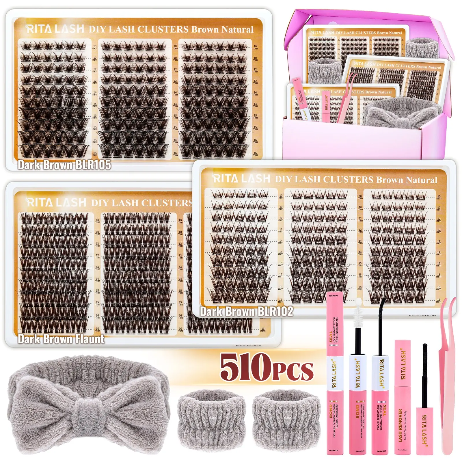 RITALASH 510Pcs Dark Brown Lash Clusters Kit Bulk Packs False Eyelash Extensions D Curl Wispy Individual Fake Eyelashes, Volume Studio Effect, Colorfued Individual Lashes, Large Pack with Bond&Seal|Tweezers|Remover|Washset (BLR105-Flaunt-BLR102)