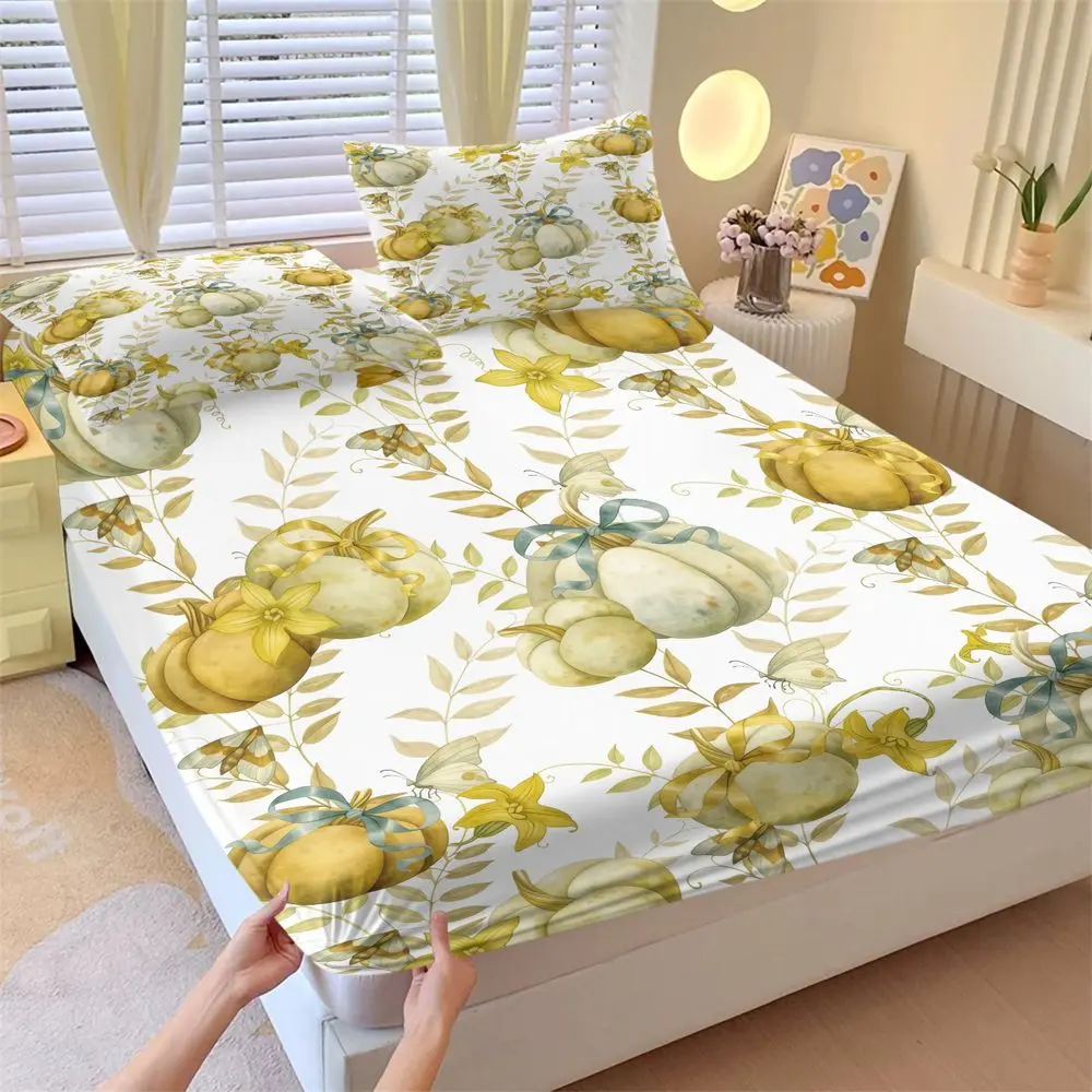 3Pcs Boho Pumpkin Print Fitted Sheet Set, Farmhouse Fall Theme Bed Sheets Set, Soft Cozy Bedding Set for Autumn Harvest Holiday Home Decor, Deep Pocket Mattress Cover with Pillowcases No Fillers