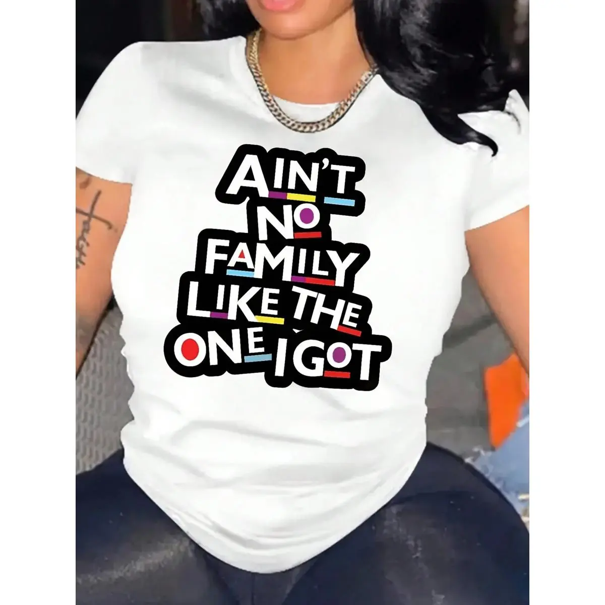 Polyester Knit Fabric - Ain't No Family Like The One I Got - Letter Print Alphabet Graphic T-Shirt For Women, Casual Round Neck Short Sleeve, All Seasons Comfort