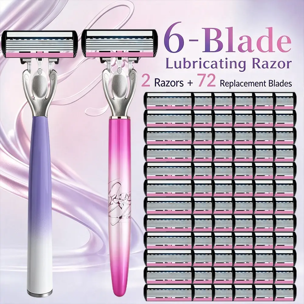 Gradient & Gold Bow Manual Razor Set, 2 Handles + 72 Replacement Heads, Smooth Gentle Hair Removal, Travel Friendly, Manual Shaving Kit