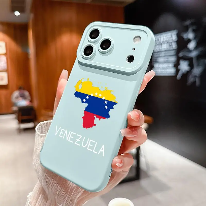 Large Window Phone Case for iPhone 17 Air 16 15 14 13 Pro Max Plus Venezuela's Flag Map Pattern Liquid Silicone Camera Protection Ultra Thin Soft Phone Cover Gift