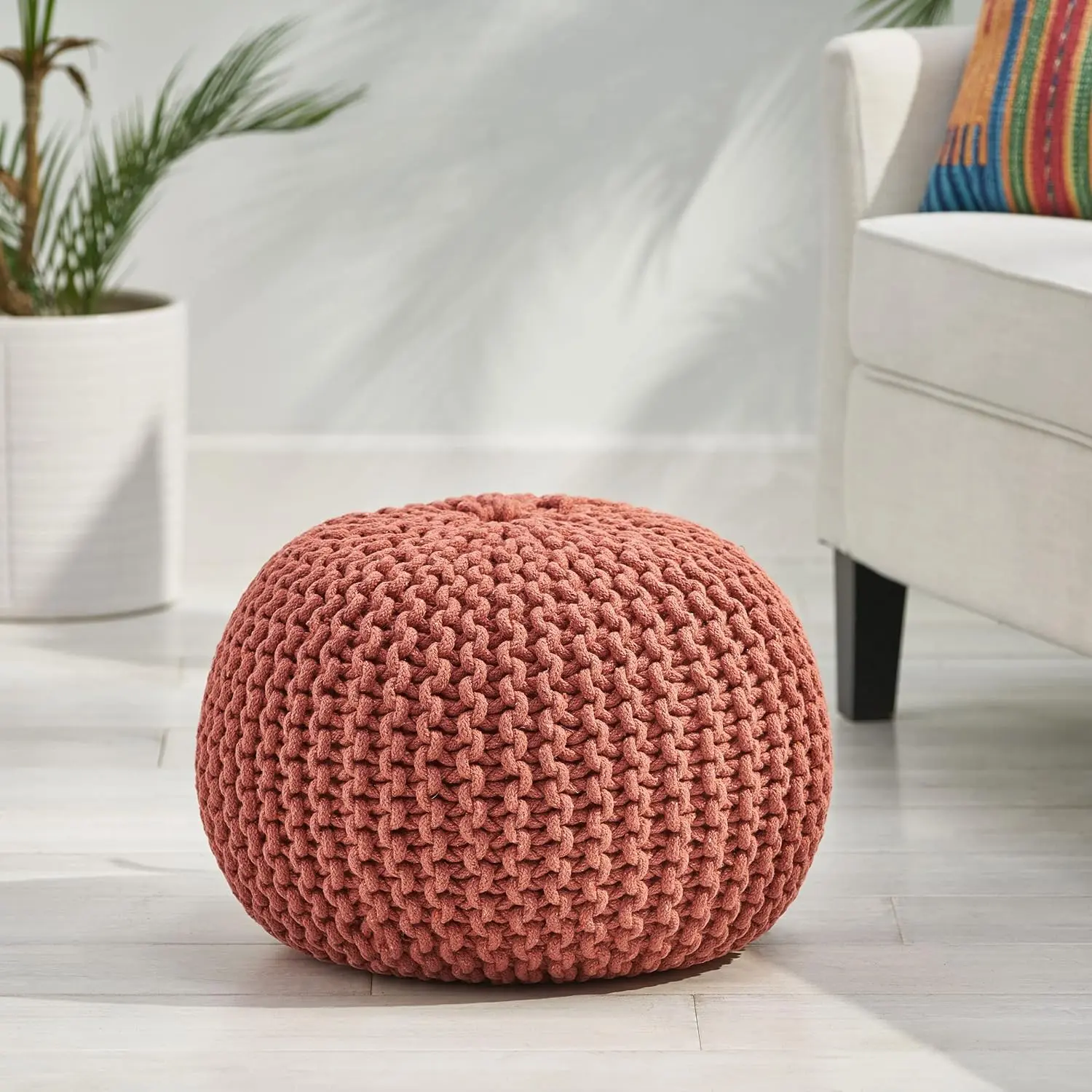 Nokaa Handcrafted Modern Cotton Pouf, Coral, 20x20x14 Inches, Knit Weave Round Ottoman Footrest Stool, Cozy Boho Floor Pillow, Extra Seating for Living Room Bedroom, Spot Clean, No Assembly, Soft Home Decor Accent