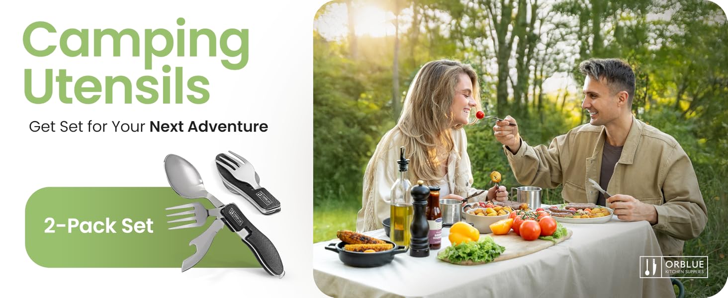 AGS Orblue 4-in-1 Camping Eating Utensils, 2-Pack - Portable Spoon, Fork, Knife & Bottle Opener Combo Set - Stainless Steel Flatware with Detachable Fork - Travel, Backpacking Cutlery Multitool, Yellow