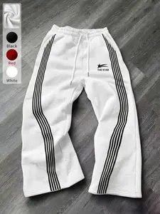 Men's Loose Fit Long Pants, Unisex Star Pattern Print, Striped, Drawstring Waist, Outdoor Party Travel, Comfortable Streetwear, Sportswear, Trendy Fashion