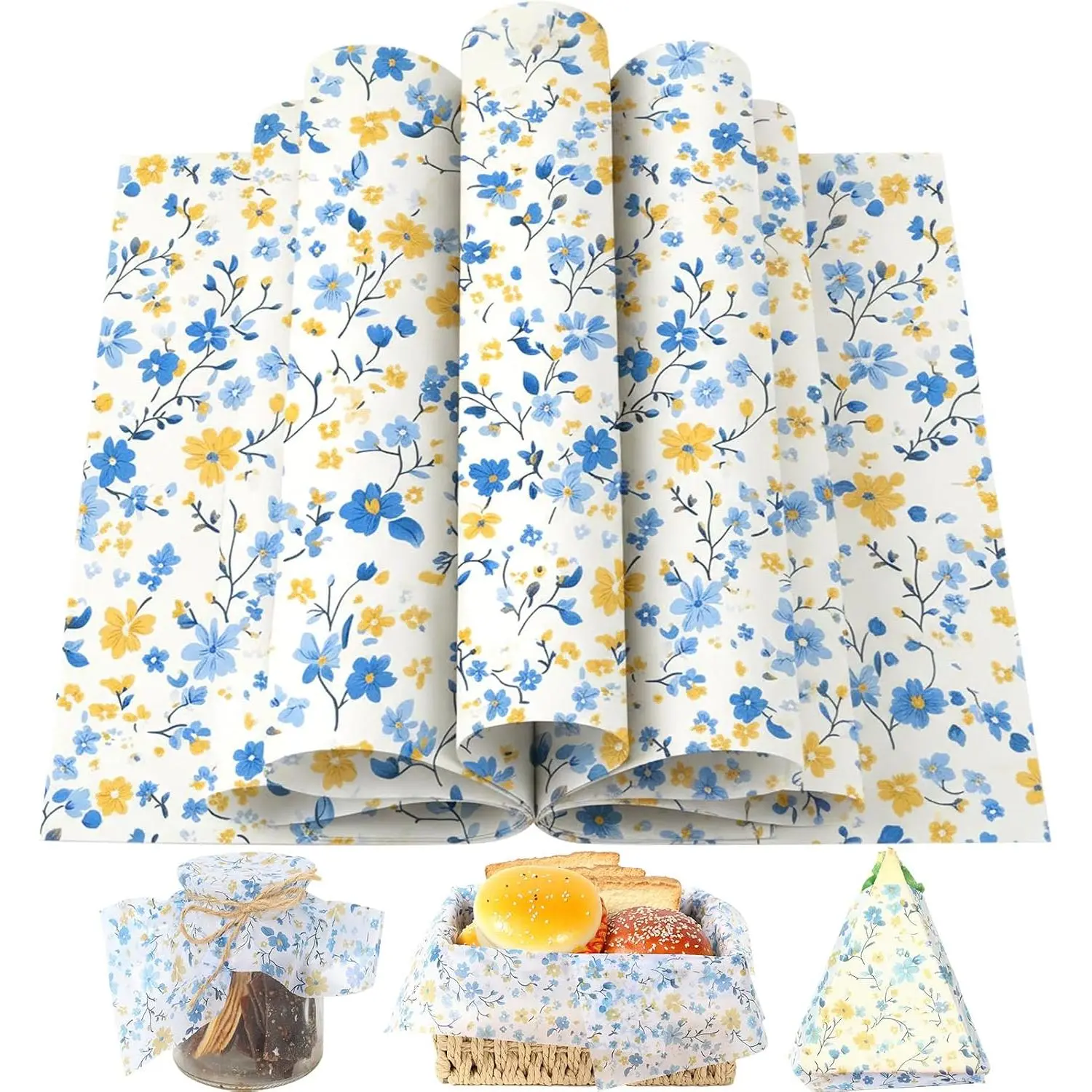 150 count Spring Wildflower Wax Paper for  Deli, 9.8 x 8.3 inch  Elegant Blue Floral Patterns Greaseproof Deli Sheets for Sandwich Picnic Basket Liner Spring Party Supplies