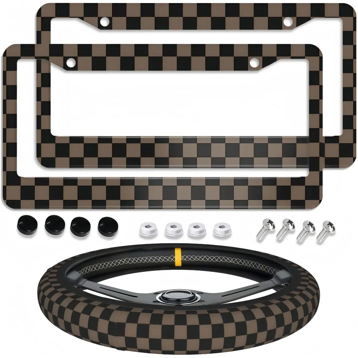 Women's 2-Piece Brown Checkered Aluminum License Plate Frames - 100% Street Legal, Fits Standard US/CA Vehicles, with Checkerboard Steering Wheel Cover, Car Exterior Accessories for Christmas, Thanksgiving, Family Gifting, Birthday, Friends