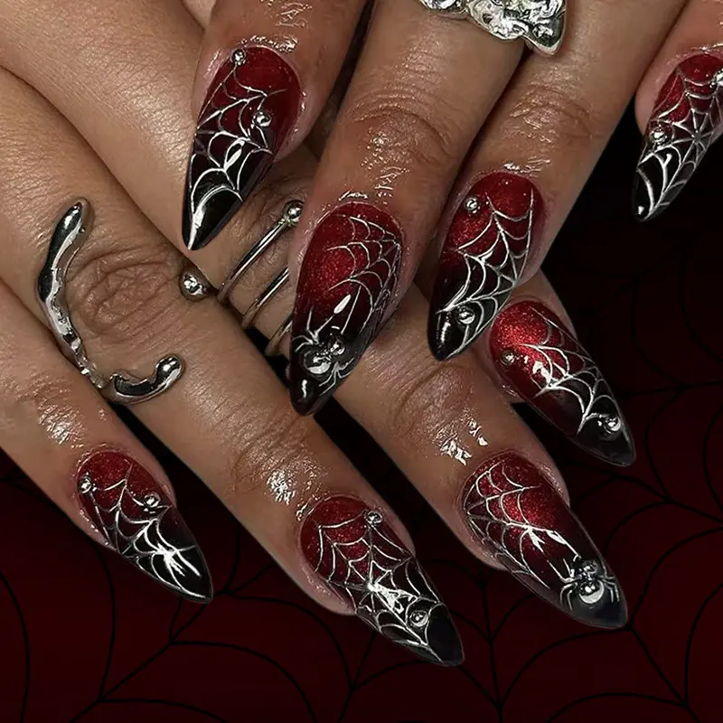 24Pcs New Halloween Gradient Dark Red Glitter Spider Web Almond Press On Nails Handmade Fake Nails Fall Aesthetic Back To School Essentials Reusable False Nails for Halloween Party Fall Nail Art