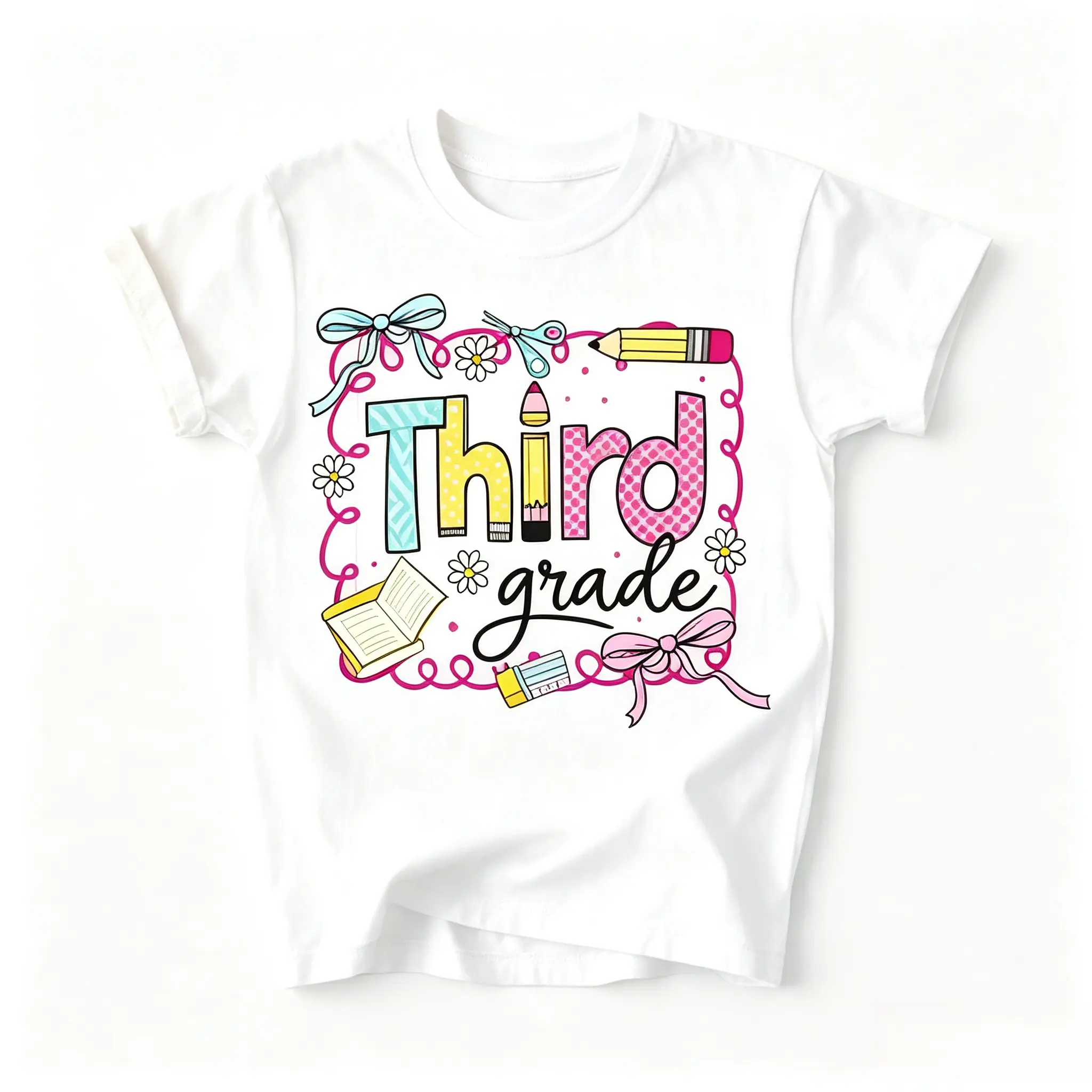Third Grade Cute Bow Pencil Graphic Cotton Kids T-Shirt, Comfort Back To School Outfit, Fashion School Tee, Birthday Holiday Gift for Girl Daughter, Gift for Family and Friends