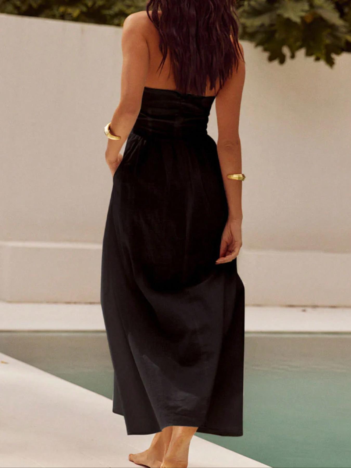 Women's Plain Pocket Zipper Back Dress, Casual Sleeveless Halter Neck A Line Dress for Summer, Ladies Clothes for Beach Holiday, Brunch Dresses, Casual Wear