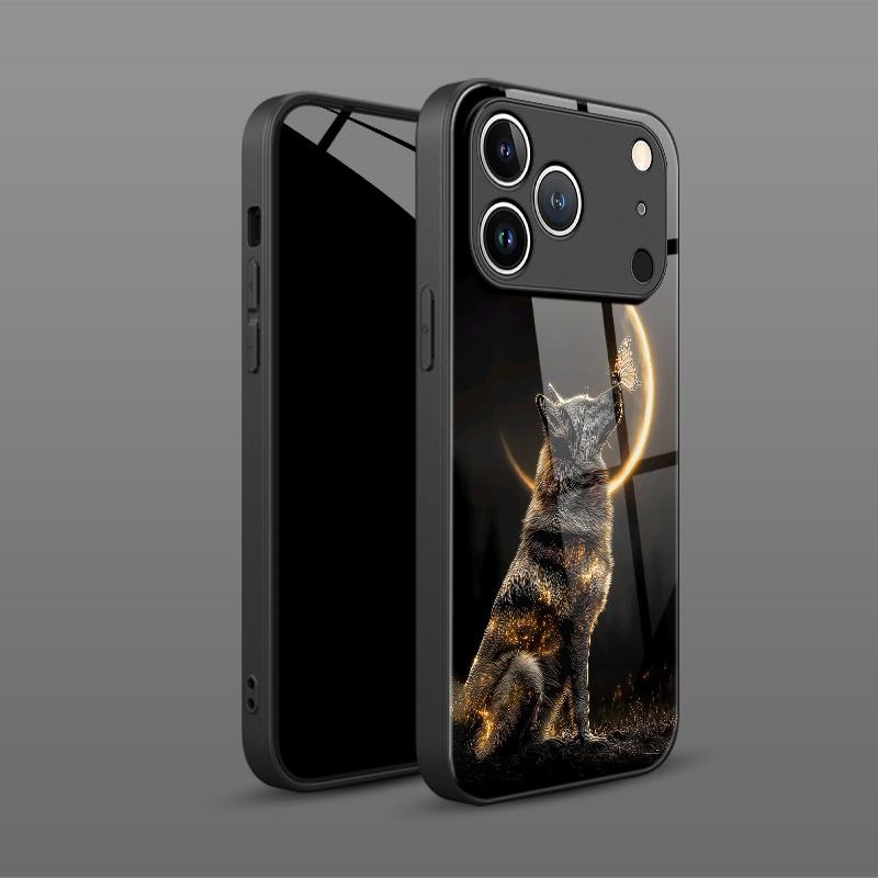 Phone Case: Artistic Fashion Moon Black Wolf Pattern Glass Phone Case, Suitable for iphone17 17Air 16 Pro 15 Promax 14 Plus 13 12 11, Full Coverage, High-Definition Tempered Glass, Stylish Protective Cover, Device Protective