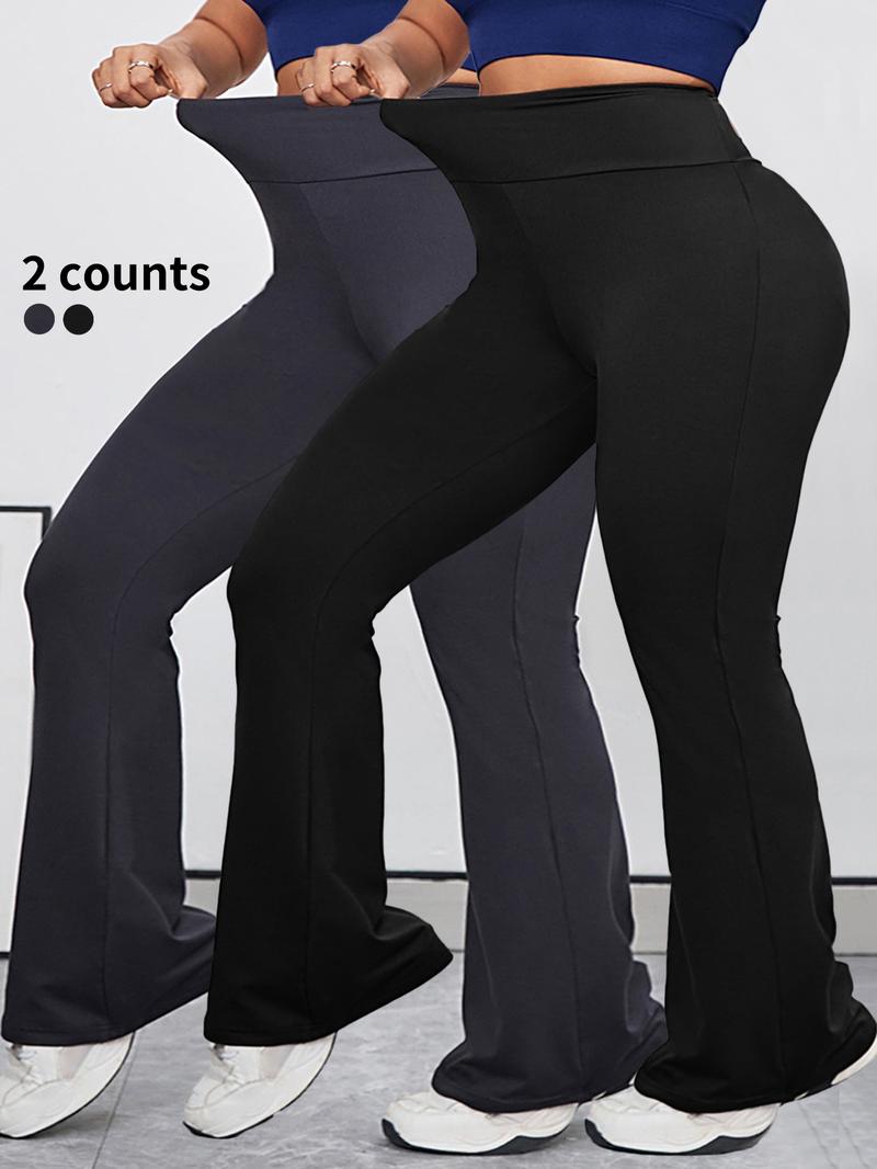 【Plus Size】 Solid High Waist Flare Leg Sports Leggings, Breathable Wide Waistband Bell Bottom Pants for Yoga Gym, Flared Yoga Bottoms, Women's Plus Sportswear for Summer