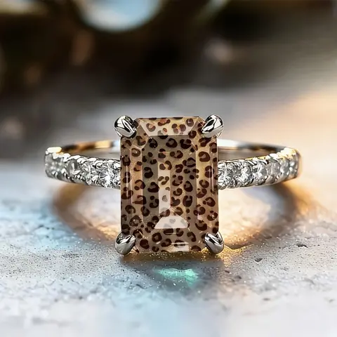 Maillard Light Brown Fine Glitter Leopard Print Rectangular Fashion Promise Ring with Luxury and Elegance, Ideal Gift for Girlfriend on Birthdays and Festivals, Internet Celebrity's Same Style Jewelry Elegant Fashion Rings