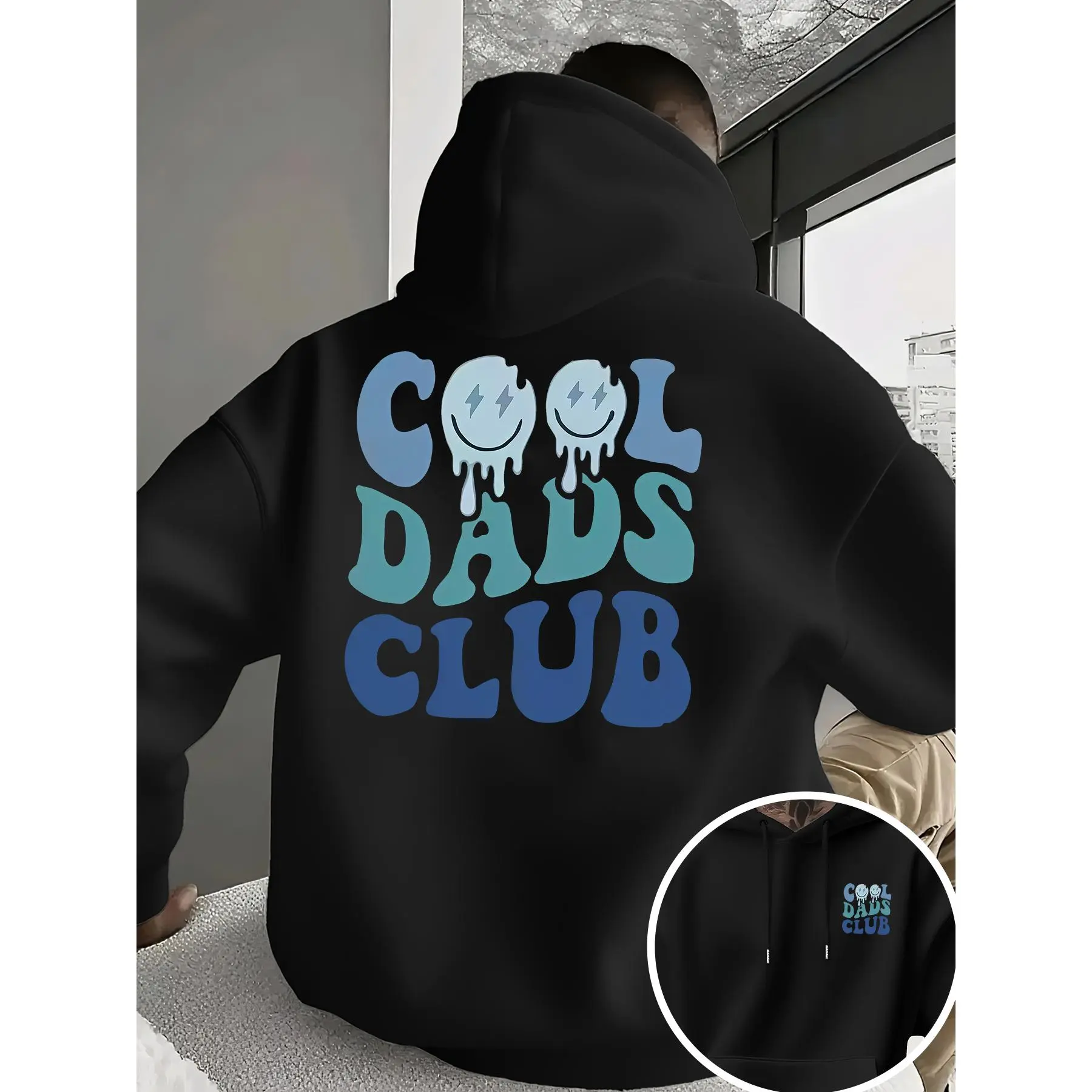 Men's new trendy hoodie, casual everyday drawstring hooded sweatshirt with prints, smiley face, graffiti, COOL DADS, front kangaroo pocket, men's top