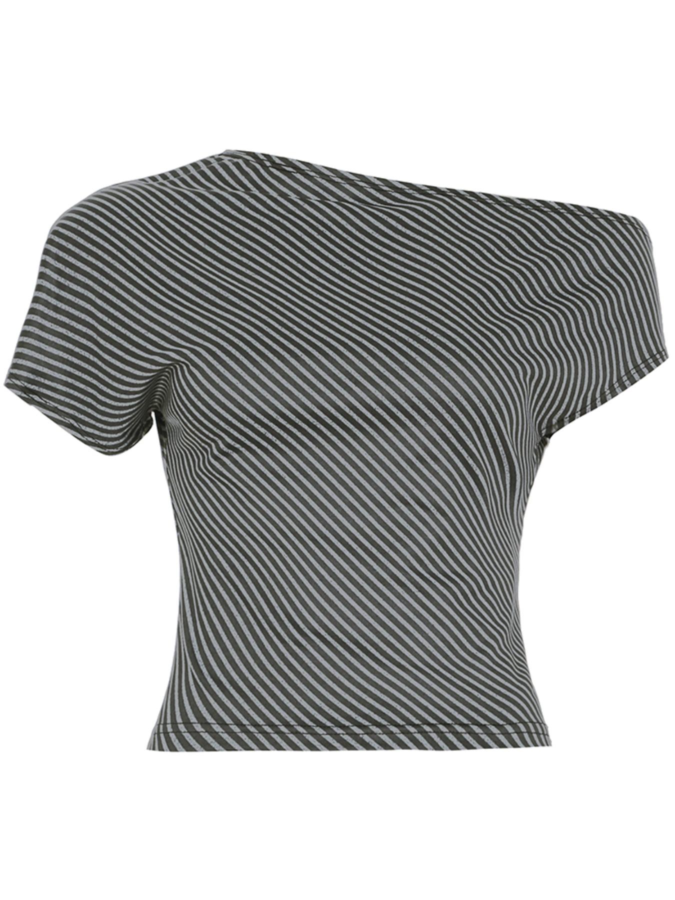 Women's Striped Print Asymmetrical Neck Tee, Casual Short Sleeve T-shirt for Summer, Fashion Women's Top for Daily Wear