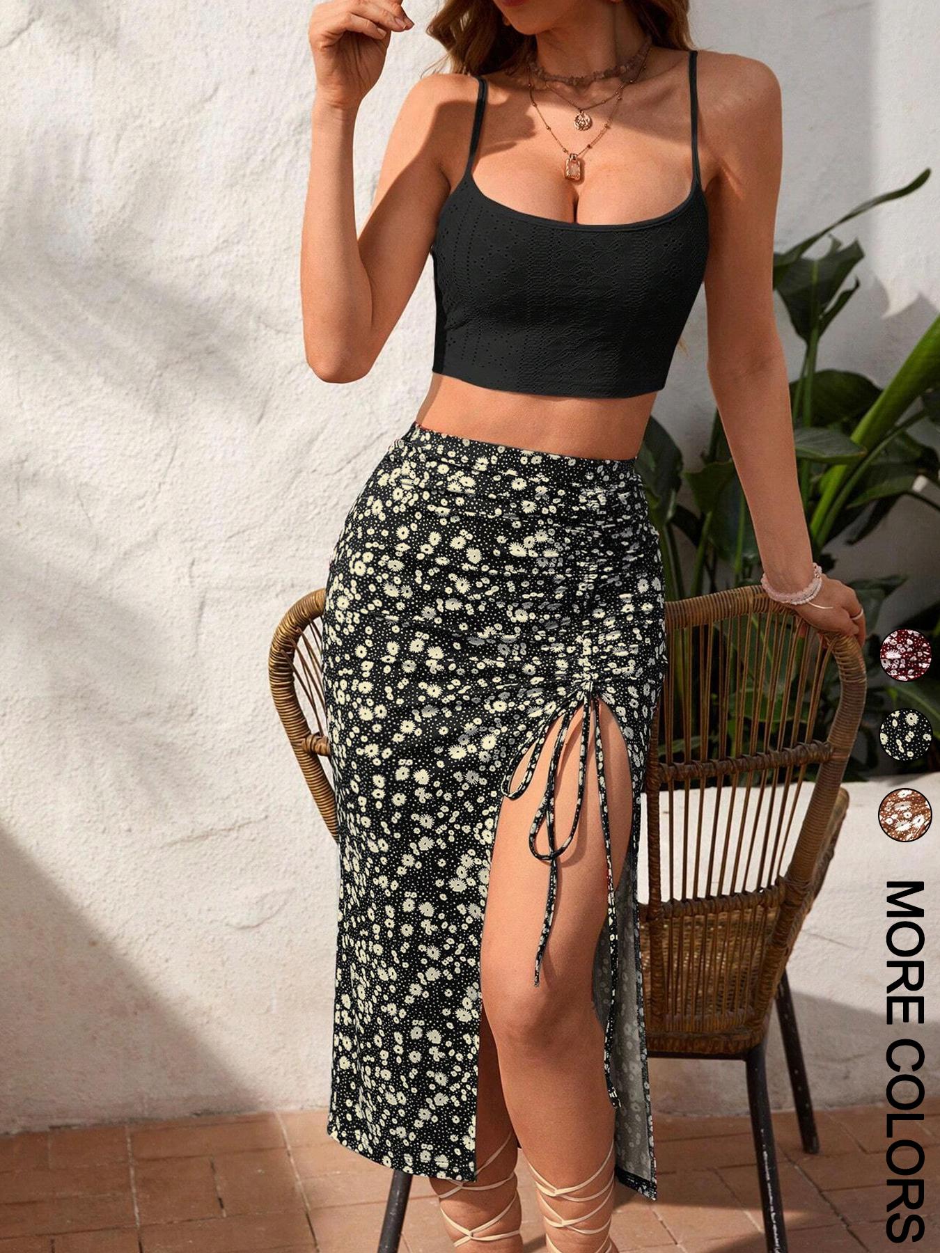 Two-Piece Set Women's Solid Crop Cami Top & All Over Print Split Thigh Skirt, Casual Fashion Cozy Outfits for Daily Holiday Vacation Wear, Ladies Clothes for Summer