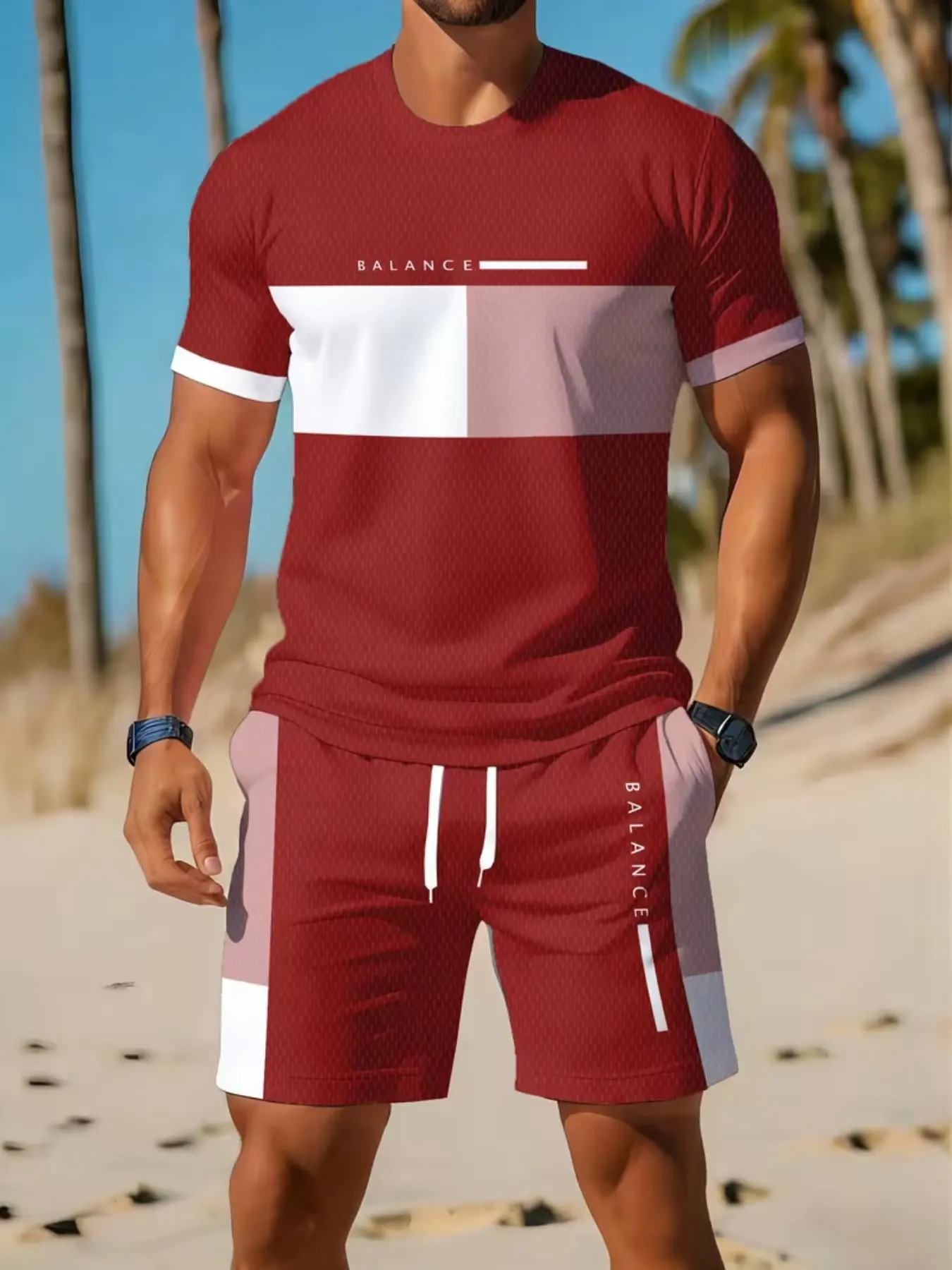 Men's Casual Sportswear Set, Breathable Outdoor Tee and Shorts, Summer Digital Print, Fitted Style, All Seasons