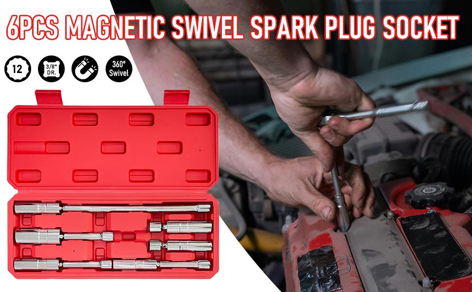 6PCS 3/8" Drive Magnetic Swivel Spark Plug Socket Set, Includes 9/16", 5/8", 13/16",14mm Socket, Thin Wall Spark Plug Sockets with 12 Point, CR-V
